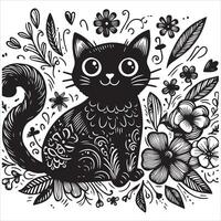 Print A silhouette black cat in an illustration frame with a floral design on its back silhouette design vector