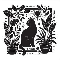 Print A silhouette black cat in an illustration frame with a floral design on its back silhouette design vector