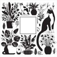 Print A silhouette black cat in an illustration frame with a floral design on its back silhouette design vector