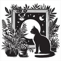 Print A silhouette black cat in an illustration frame with a floral design on its back silhouette design vector