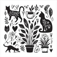 Print A silhouette black cat in an illustration frame with a floral design on its back silhouette design vector