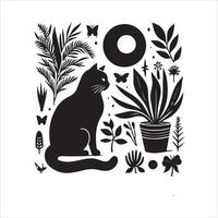 Print A silhouette black cat in an illustration frame with a floral design on its back silhouette design vector