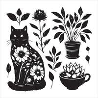 Print A silhouette black cat in an illustration frame with a floral design on its back silhouette design vector
