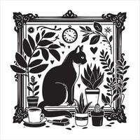 Print A silhouette black cat in an illustration frame with a floral design on its back silhouette design vector