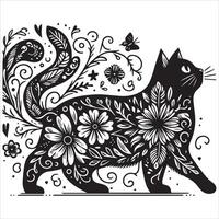 Print A silhouette black cat in an illustration frame with a floral design on its back silhouette design vector