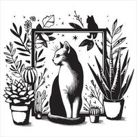 Print A silhouette black cat in an illustration frame with a floral design on its back silhouette design vector