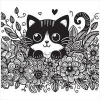 Print A silhouette black cat in an illustration frame with a floral design on its back silhouette design vector