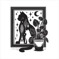 Print A silhouette black cat in an illustration frame with a floral design on its back silhouette design vector