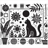 Print A silhouette black cat in an illustration frame with a floral design on its back silhouette design vector