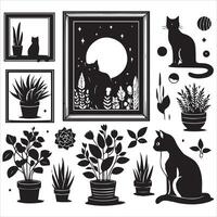 Print A silhouette black cat in an illustration frame with a floral design on its back silhouette design vector