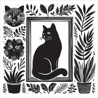 Print A silhouette black cat in an illustration frame with a floral design on its back silhouette design vector