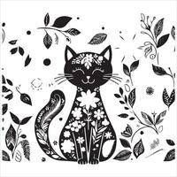 Print A silhouette black cat in an illustration frame with a floral design on its back silhouette design vector