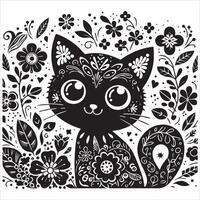 Print A silhouette black cat in an illustration frame with a floral design on its back silhouette design vector