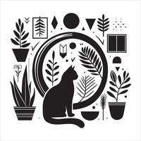 Print A silhouette black cat in an illustration frame with a floral design on its back silhouette design vector