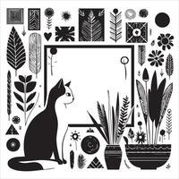 Print A silhouette black cat in an illustration frame with a floral design on its back silhouette design vector