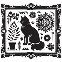 Print A silhouette black cat in an illustration frame with a floral design on its back silhouette design vector