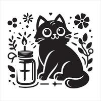 Print A silhouette black cat in an illustration frame with a floral design on its back silhouette design vector