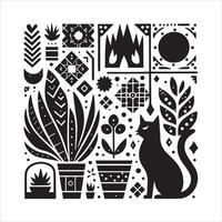 Print A silhouette black cat in an illustration frame with a floral design on its back silhouette design vector
