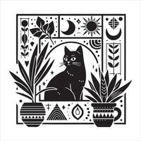 Print A silhouette black cat in an illustration frame with a floral design on its back silhouette design vector