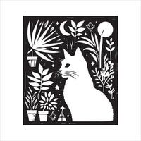 Print A silhouette black cat in an illustration frame with a floral design on its back silhouette design vector