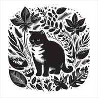 Print A silhouette black cat in an illustration frame with a floral design on its back silhouette design vector