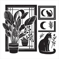 Print A silhouette black cat in an illustration frame with a floral design on its back silhouette design vector