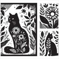 Print A silhouette black cat in an illustration frame with a floral design on its back silhouette design vector