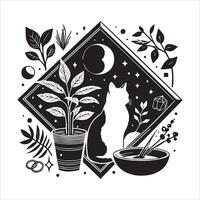 Print A silhouette black cat in an illustration frame with a floral design on its back silhouette design vector