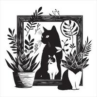 Print A silhouette black cat in an illustration frame with a floral design on its back silhouette design vector