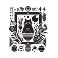Print A silhouette black cat in an illustration frame with a floral design on its back silhouette design vector