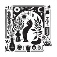 Print A silhouette black cat in an illustration frame with a floral design on its back silhouette design vector