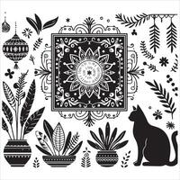 Print A silhouette black cat in an illustration frame with a floral design on its back silhouette design vector