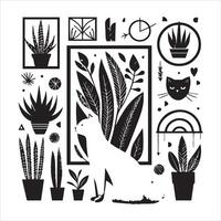 Print A silhouette black cat in an illustration frame with a floral design on its back silhouette design vector