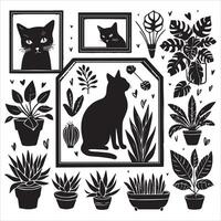 Print A silhouette black cat in an illustration frame with a floral design on its back silhouette design vector