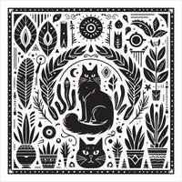A silhouette black cat in an illustration frame with a floral design on its back silhouette design Print vector