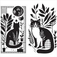Print A silhouette black cat in an illustration frame with a floral design on its back silhouette design vector