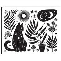 Print A silhouette black cat in an illustration frame with a floral design on its back silhouette design vector