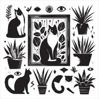 Print A silhouette black cat in an illustration frame with a floral design on its back silhouette design vector
