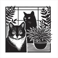 Print A silhouette black cat in an illustration frame with a floral design on its back silhouette design vector