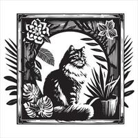 A silhouette black cat in an illustration frame with a floral design on its back silhouette design Print vector
