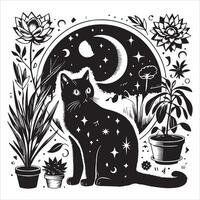 A silhouette black cat in an illustration frame with a floral design on its back silhouette design Print vector