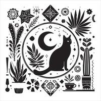 A silhouette black cat in an illustration frame with a floral design on its back silhouette design Print vector