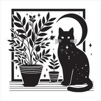 A silhouette black cat in an illustration frame with a floral design on its back silhouette design Print vector