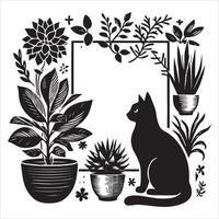 A silhouette black cat in an illustration frame with a floral design on its back silhouette design Print vector