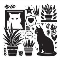 A silhouette black cat in an illustration frame with a floral design on its back silhouette design Print vector