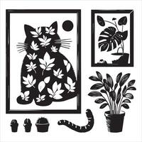 A silhouette black cat in an illustration frame with a floral design on its back silhouette design Print vector