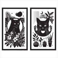 A silhouette black cat in an illustration frame with a floral design on its back silhouette design Print vector