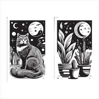 A silhouette black cat in an illustration frame with a floral design on its back silhouette design Print vector