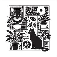 A silhouette black cat in an illustration frame with a floral design on its back silhouette design Print vector