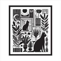 A silhouette black cat in an illustration frame with a floral design on its back silhouette design Print vector